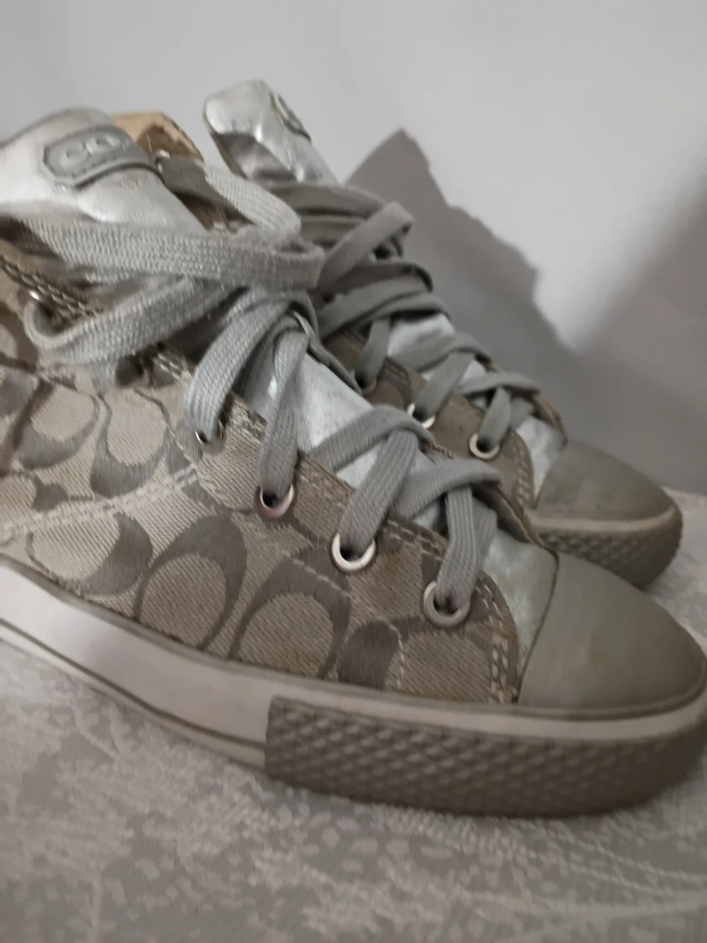 Coach Metallic Silver Monogram High-Top Sneakers